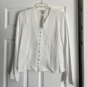 Fresco nomad traders small white long sleeve Boho lace ruffle trim blouse
